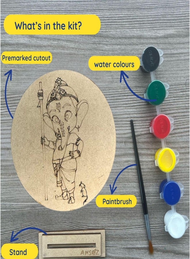 Ansoz Divine Ganesha Artistic Plaque Art Craft Kit | Ganesh Art Craft: Wooden Pre-Marked Cutout for Kids and All Ages - DIY Craft Kit | Home Decor | Ganesh Chaturthi Gift Idea (Water Color Included (Ganesha with Spear) - Image 4